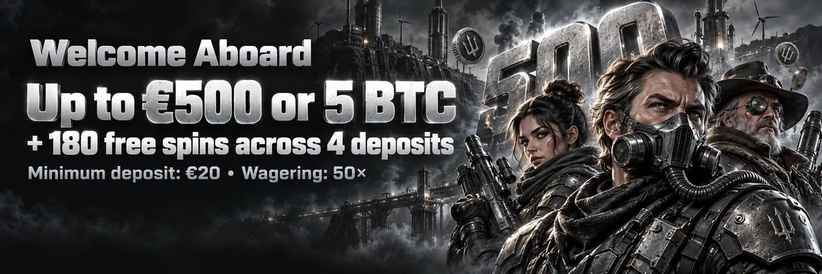 Three armoured adventurers stand against a smoky industrial skyline beside a welcome offer of up to €500 or 5 BTC plus 180 free spins across 4 deposits.